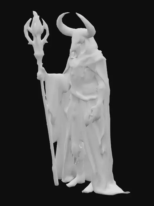 3D model for sci-fi shaman, body of modified nano-metal-plastic, buffalo skull design on head, metal sci-fi glowing staff in hand, detailed gloomy face, amulets hanging from body and symbols all over body, extremely detailed high-resolution texture, epic stance