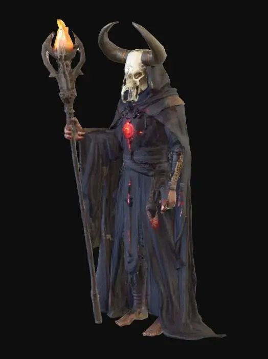 3D model for sci-fi shaman, body of modified nano-metal-plastic, buffalo skull design on head, metal sci-fi glowing staff in hand, detailed gloomy face, amulets hanging from body and symbols all over body, extremely detailed high-resolution texture, epic stance