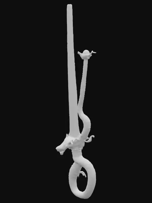 3D model for A gleaming broadsword with a living, serpentine hilt that writhes subtly. The blade is polished steel, reflecting light sharply, while the hilt is crafted from dark, scaled metal that shifts with a muscular undulation, appearing cool and smooth yet distinctly alive to the touch. Its pommel is a coiling dragon head with glowing ruby eyes.