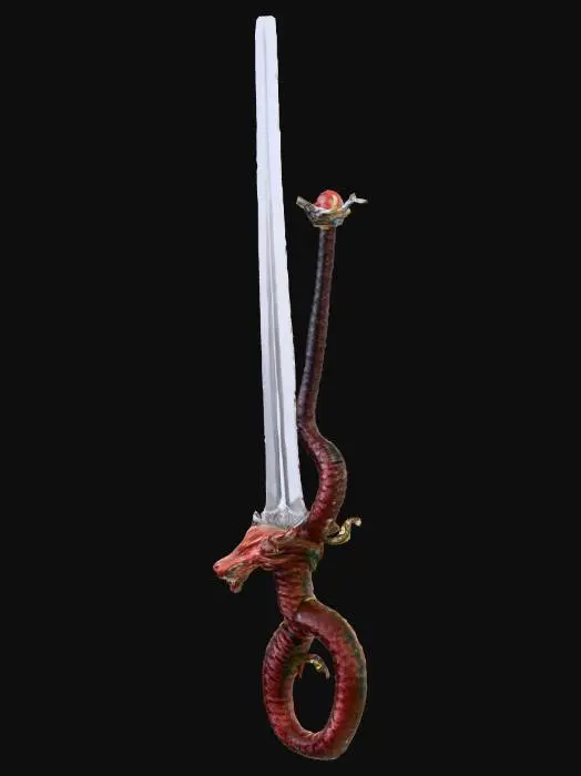 3D model for A gleaming broadsword with a living, serpentine hilt that writhes subtly. The blade is polished steel, reflecting light sharply, while the hilt is crafted from dark, scaled metal that shifts with a muscular undulation, appearing cool and smooth yet distinctly alive to the touch. Its pommel is a coiling dragon head with glowing ruby eyes.