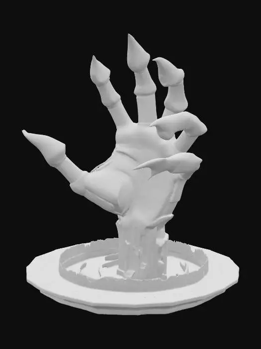 3D model for A stylized 3D model of a massive ghostly hand emerging from a shadowy glitch portal in the dungeon floor, designed as a fantasy-tech trap enemy. The spectral hand has long, jagged fingers formed from fragmented polygons and pixelated shards, each tip flickering with static and scanlines. Arcane runes scroll along its translucent wrist and palm, glowing red and purple. Wisps of corrupted mist spiral around it, and faint error symbols drift from the hand’s surface. The portal beneath resembles a swirling digital vortex edged with circuit-like patterns. The entire model conveys a sense of corrupted memory routines trying to drag the hero back to the dungeon entrance. Stylized, Fantasy, Glitched, Trap Enemy, Full Body, Highly Detailed, Legend of Zelda, A-Pose.