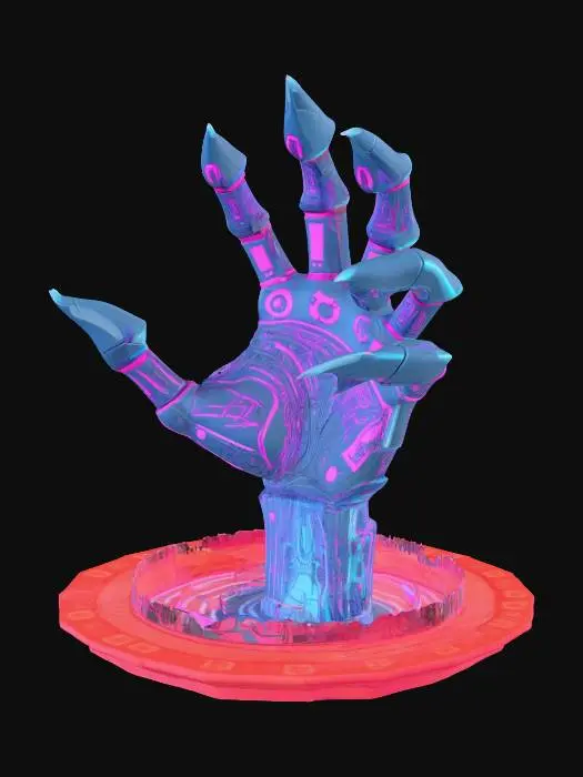 3D model for A stylized 3D model of a massive ghostly hand emerging from a shadowy glitch portal in the dungeon floor, designed as a fantasy-tech trap enemy. The spectral hand has long, jagged fingers formed from fragmented polygons and pixelated shards, each tip flickering with static and scanlines. Arcane runes scroll along its translucent wrist and palm, glowing red and purple. Wisps of corrupted mist spiral around it, and faint error symbols drift from the hand’s surface. The portal beneath resembles a swirling digital vortex edged with circuit-like patterns. The entire model conveys a sense of corrupted memory routines trying to drag the hero back to the dungeon entrance. Stylized, Fantasy, Glitched, Trap Enemy, Full Body, Highly Detailed, Legend of Zelda, A-Pose.
