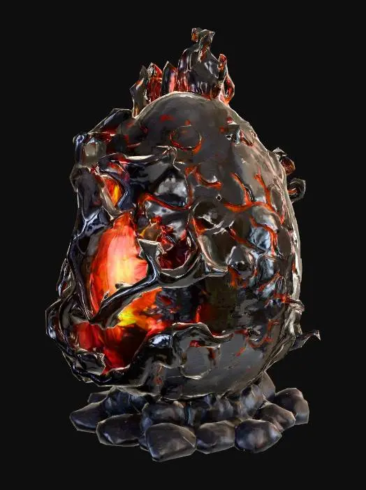 3D model for Make a dragon's egg is black with blue flames on it.