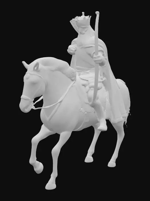 3D model for The first horseman rides a white horse, and its rider has a bow and is given a crown. 

    He "came out conquering and to conquer," signifying the spirit of conquest and expansion.