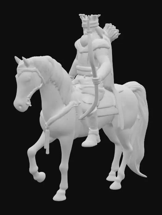 3D model for The first horseman rides a white horse, and its rider has a bow and is given a crown. 

    He "came out conquering and to conquer," signifying the spirit of conquest and expansion.