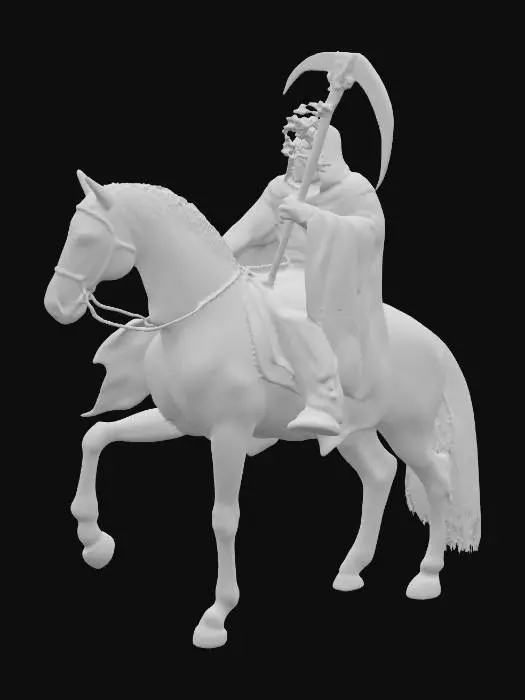 3D model for The fourth horseman rides a pale horse, described in the original Greek as a sickly, greenish-gray color. 

    The rider is explicitly named Death, and Hades (the grave) follows along with him.