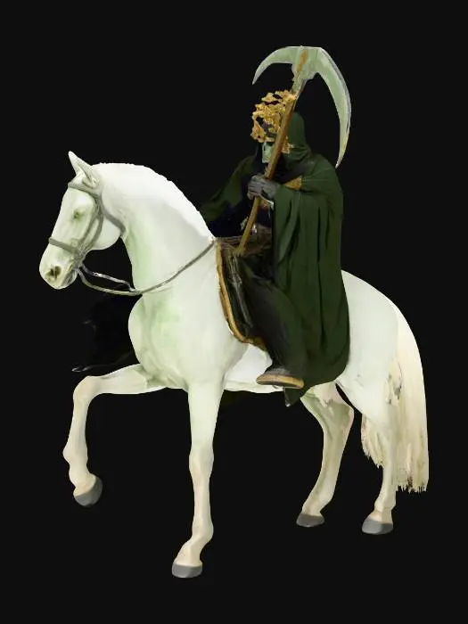 3D model for The fourth horseman rides a pale horse, described in the original Greek as a sickly, greenish-gray color. 

    The rider is explicitly named Death, and Hades (the grave) follows along with him.