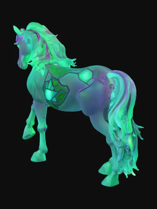 3D model for A horse with runes etched in Mana glowing on the skin. Hooves of the horse are violet.