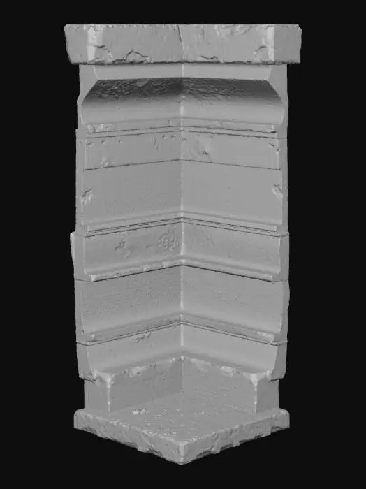 3D model for An inside-corner sandstone piece, meticulously designed to seamlessly join wall panels at a precise 90-degree angle. It features continuous, flowing sedimentary strata that wrap around its form, ensuring geological integrity. The robust sandstone material exhibits a granular, weathered texture, showcasing a palette of warm ochre and reddish-brown hues. Its substantial structure provides a solid, natural-looking junction point, with a rugged appearance consistent with eroded rock formations.