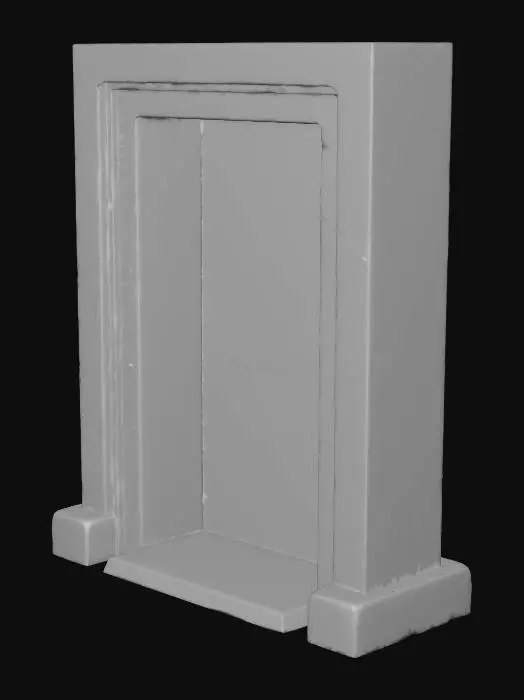 3D model for A sandstone door frame, measuring 1.0x2.2x0.3 meters, forms a sturdy rectangular archway. Its warm, sandy beige hue exhibits natural variations and a fine, gritty texture throughout. The inner edges of the frame feature a subtle bevel, creating a clean, angled transition. The sill, at the base, is noticeably worn and smoothed from extensive use, contrasting with the slightly rougher, chiselled appearance of the vertical uprights. The entire structure feels solid and firmly grounded.