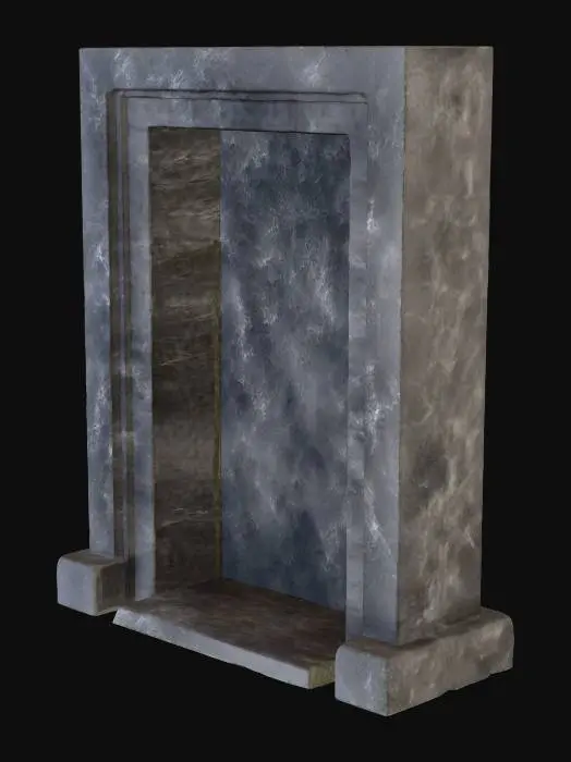 3D model for A sandstone door frame, measuring 1.0x2.2x0.3 meters, forms a sturdy rectangular archway. Its warm, sandy beige hue exhibits natural variations and a fine, gritty texture throughout. The inner edges of the frame feature a subtle bevel, creating a clean, angled transition. The sill, at the base, is noticeably worn and smoothed from extensive use, contrasting with the slightly rougher, chiselled appearance of the vertical uprights. The entire structure feels solid and firmly grounded.