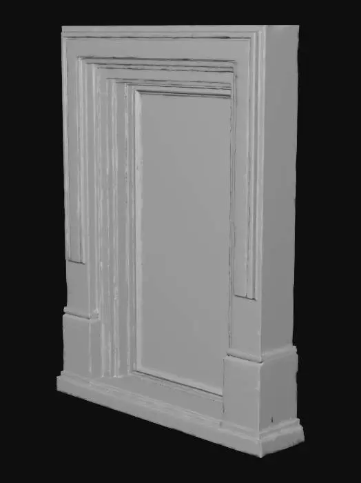3D model for A sandstone door frame, measuring 1.0x2.2x0.3 meters, forms a sturdy rectangular archway. Its warm, sandy beige hue exhibits natural variations and a fine, gritty texture throughout. The inner edges of the frame feature a subtle bevel, creating a clean, angled transition. The sill, at the base, is noticeably worn and smoothed from extensive use, contrasting with the slightly rougher, chiselled appearance of the vertical uprights. The entire structure feels solid and firmly grounded.