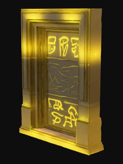 3D model for A sandstone door frame, measuring 1.0x2.2x0.3 meters, forms a sturdy rectangular archway. Its warm, sandy beige hue exhibits natural variations and a fine, gritty texture throughout. The inner edges of the frame feature a subtle bevel, creating a clean, angled transition. The sill, at the base, is noticeably worn and smoothed from extensive use, contrasting with the slightly rougher, chiselled appearance of the vertical uprights. The entire structure feels solid and firmly grounded.