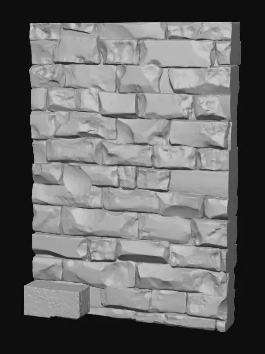 3D model for A story-height sandstone wall, measuring 2x3.5x0.35 meters, presents a substantial, rectangular form. Its surface is a warm, earthy ochre, exhibiting numerous chipped edges that lend it a rugged, aged appearance. Subtle, shallow relief patterns are integrated across its face, providing a gentle visual texture without being overly prominent. The overall material feels coarse and granular to the touch, characteristic of natural sandstone, with the chipped areas offering a slightly sharper, more uneven tactile quality.