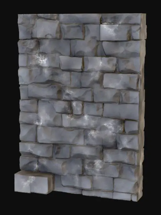 3D model for A story-height sandstone wall, measuring 2x3.5x0.35 meters, presents a substantial, rectangular form. Its surface is a warm, earthy ochre, exhibiting numerous chipped edges that lend it a rugged, aged appearance. Subtle, shallow relief patterns are integrated across its face, providing a gentle visual texture without being overly prominent. The overall material feels coarse and granular to the touch, characteristic of natural sandstone, with the chipped areas offering a slightly sharper, more uneven tactile quality.
