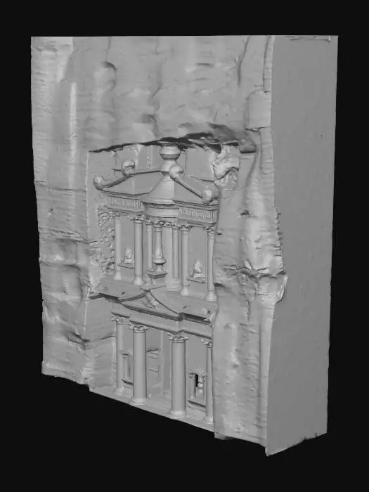 3D model for A majestic sandstone wall, distinguished by its impressive scale and dramatic geological features. It boasts several broad, deeply carved alcove scoops that create sheltered recesses, contrasted by resistant ledge bands that protrude slightly, emphasizing its layered structure. The robust sandstone material exhibits warm, sun-baked ochre and reddish-brown tones, with a finely detailed, granular texture. Its flat back ensures easy integration, and its rugged, solid appearance conveys immense natural strength.