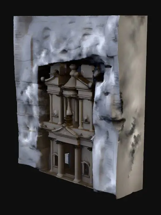 3D model for A majestic sandstone wall, distinguished by its impressive scale and dramatic geological features. It boasts several broad, deeply carved alcove scoops that create sheltered recesses, contrasted by resistant ledge bands that protrude slightly, emphasizing its layered structure. The robust sandstone material exhibits warm, sun-baked ochre and reddish-brown tones, with a finely detailed, granular texture. Its flat back ensures easy integration, and its rugged, solid appearance conveys immense natural strength.