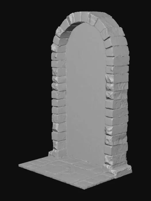 3D model for A story-height sandstone wall, measuring 2x3.5x0.35 meters, presents a substantial, rectangular form. Its surface is a warm, earthy ochre, exhibiting numerous chipped edges that lend it a rugged, aged appearance. Subtle, shallow relief patterns are integrated across its face, providing a gentle visual texture without being overly prominent. The overall material feels coarse and granular to the touch, characteristic of natural sandstone, with the chipped areas offering a slightly sharper, more uneven tactile quality.