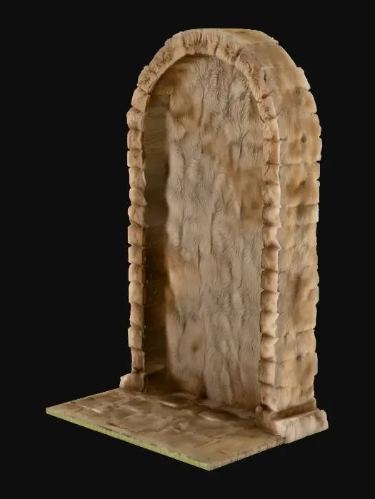3D model for A story-height sandstone wall, measuring 2x3.5x0.35 meters, presents a substantial, rectangular form. Its surface is a warm, earthy ochre, exhibiting numerous chipped edges that lend it a rugged, aged appearance. Subtle, shallow relief patterns are integrated across its face, providing a gentle visual texture without being overly prominent. The overall material feels coarse and granular to the touch, characteristic of natural sandstone, with the chipped areas offering a slightly sharper, more uneven tactile quality.