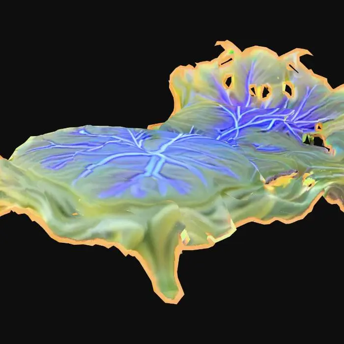 3D model for Design a bed with organic and plant like elements. Include glowing green, brown, and tan energy veins, pulsating lights. Add intricate carvings and textures that blend flesh and metal seamlessly all in the shapes of cob webs covering it