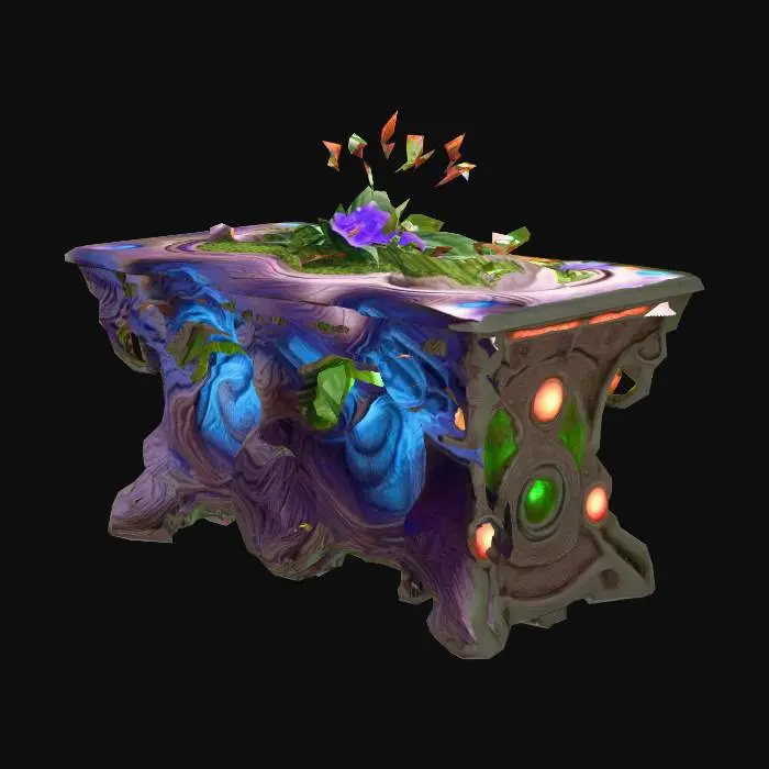 3D model for Design a  biomechanical table with organic and plant like elements. Include glowing green, pink, and red energy veins, pulsating lights. Add intricate carvings and textures that blend flesh and metal seamlessly all in the shapes of cob webs covering it