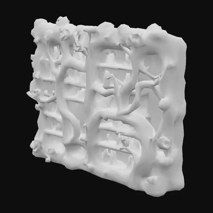 3D model for Design a  biomechanical wine rack full of bottles of wine, with organic and mechanical elements. Include glowing fleshy, pink, and red energy veins, pulsating lights. Add intricate carvings and textures that blend flesh and metal seamlessly all in the shapes of cob webs covering it