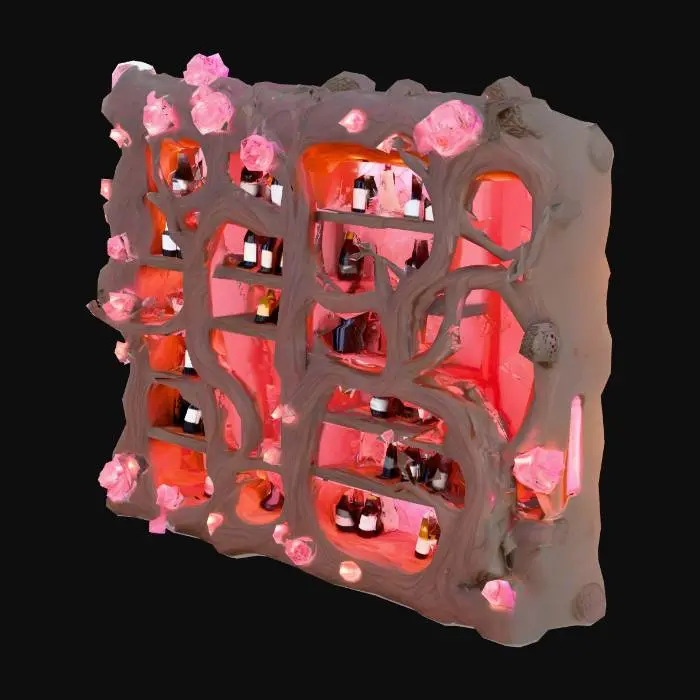 3D model for Design a  biomechanical wine rack full of bottles of wine, with organic and mechanical elements. Include glowing fleshy, pink, and red energy veins, pulsating lights. Add intricate carvings and textures that blend flesh and metal seamlessly all in the shapes of cob webs covering it