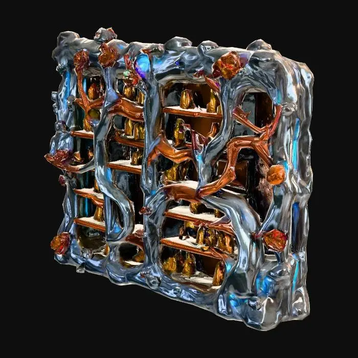 3D model for Design a  biomechanical wine rack full of bottles of wine, with organic and mechanical elements. Include glowing fleshy, pink, and red energy veins, pulsating lights. Add intricate carvings and textures that blend flesh and metal seamlessly all in the shapes of cob webs covering it