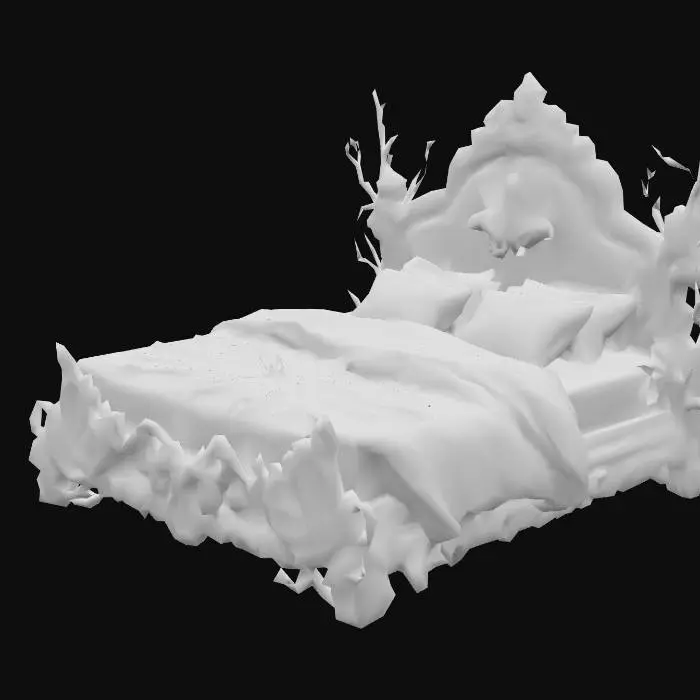 3D model for Design a bed with organic and plant like elements. Include glowing green, brown, and tan energy veins, pulsating lights. Add intricate carvings and textures that blend flesh and metal seamlessly all in the shapes of cob webs covering it