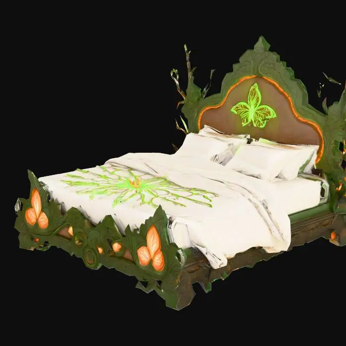 3D model for Design a bed with organic and plant like elements. Include glowing green, brown, and tan energy veins, pulsating lights. Add intricate carvings and textures that blend flesh and metal seamlessly all in the shapes of cob webs covering it