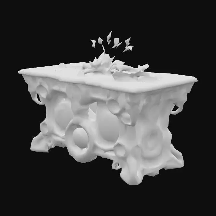 3D model for Design a  biomechanical table with organic and plant like elements. Include glowing green, pink, and red energy veins, pulsating lights. Add intricate carvings and textures that blend flesh and metal seamlessly all in the shapes of cob webs covering it