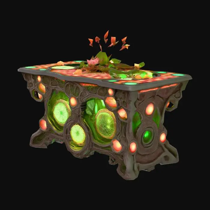 3D model for Design a  biomechanical table with organic and plant like elements. Include glowing green, pink, and red energy veins, pulsating lights. Add intricate carvings and textures that blend flesh and metal seamlessly all in the shapes of cob webs covering it