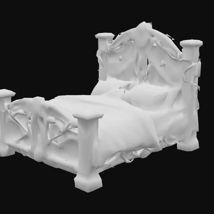 3D model for Design a bed with steampunk like elements. Include glowing lights, bronze, and Silver energy wires, pulsating lights. Add intricate carvings and textures that blend runic design and metal seamlessly.