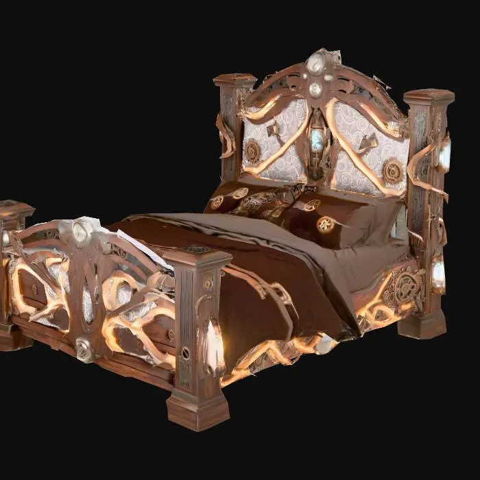 3D model for Design a bed with steampunk like elements. Include glowing lights, bronze, and Silver energy wires, pulsating lights. Add intricate carvings and textures that blend runic design and metal seamlessly.