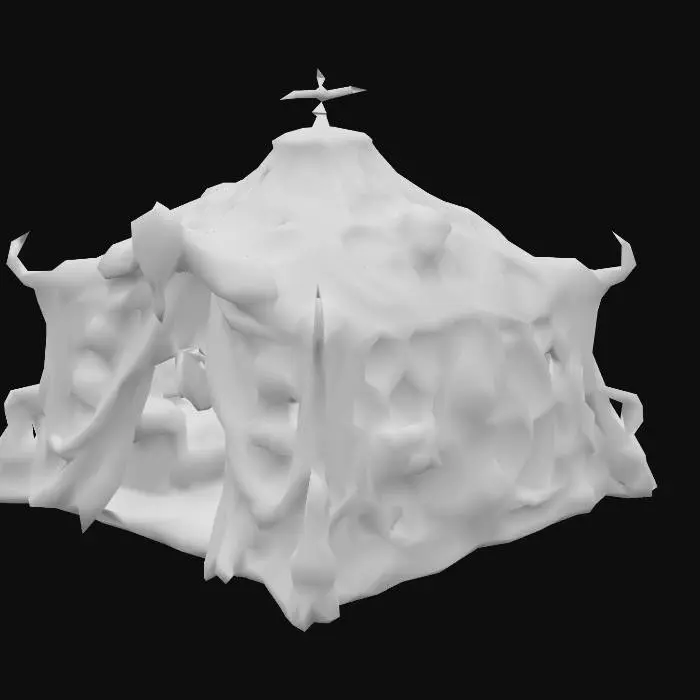 3D model for Design a biomechanical DROW style outdoor camping tent, with organic and mechanical elements. Include glowing red, pink, and orange energy veins, pulsating lights. Add intricate carvings and textures that blend flesh and metal seamlessly all in the shapes of cob webs covering it