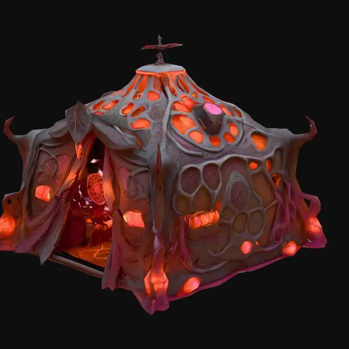 3D model for Design a biomechanical DROW style outdoor camping tent, with organic and mechanical elements. Include glowing red, pink, and orange energy veins, pulsating lights. Add intricate carvings and textures that blend flesh and metal seamlessly all in the shapes of cob webs covering it