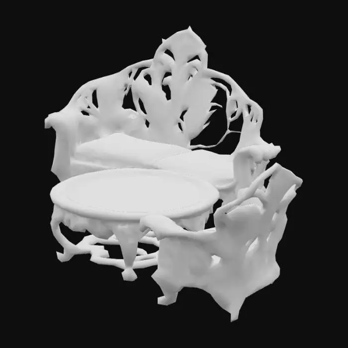 3D model for Design a  biomechanical patio set with organic and mechanical elements. Include glowing flesh, red, pink, and red energy veins, pulsating lights. Add intricate carvings and textures that blend flesh and metal seamlessly all in the shapes of cob webs covering it