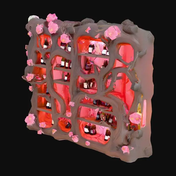3D model for Design a  biomechanical wine rack full of bottles of wine, with organic and mechanical elements. Include glowing fleshy, pink, and red energy veins, pulsating lights. Add intricate carvings and textures that blend flesh and metal seamlessly all in the shapes of cob webs covering it
