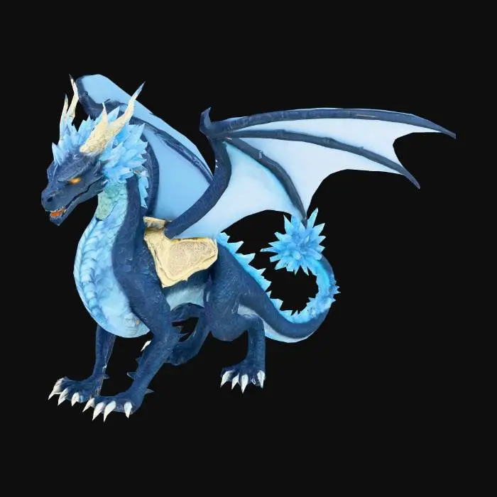 3D model for Create a ferocious dragon mount, its obsidian scales cracked with glowing frosted veins, releasing freeze waves. Spiked tail and frozen wings give a menacing look. A reinforced bone saddle, plated with brass runes, secures the rider on its back. Render in high-detail 8K textures, showing glowing ice, scale details, and intricate saddle craftsmanship. The perfect ice-born companion for high-fantasy epic battles. Unreal Engine game-ready, award-winning, trending on ArtStation, Masterpiece