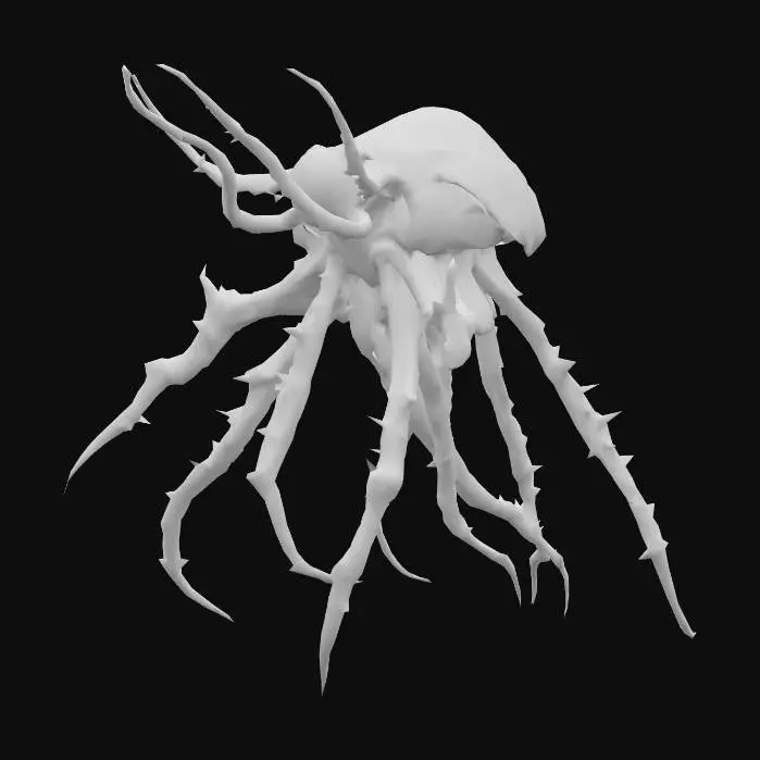 3D model for Create a jellyfish-like creature who has runes all over its body, spikes on 4 of his arms (Has six arms), they can also create a deadly toxin.