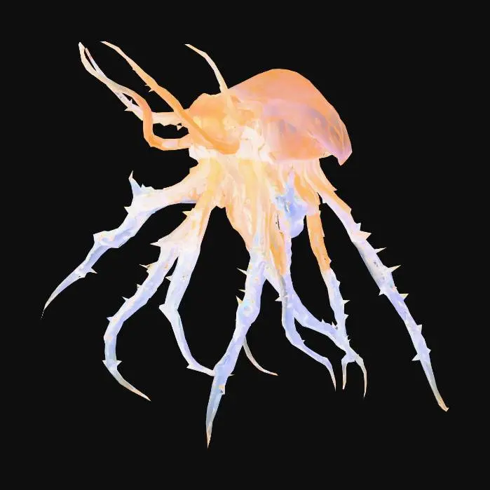 3D model for Create a jellyfish-like creature who has runes all over its body, spikes on 4 of his arms (Has six arms), they can also create a deadly toxin.