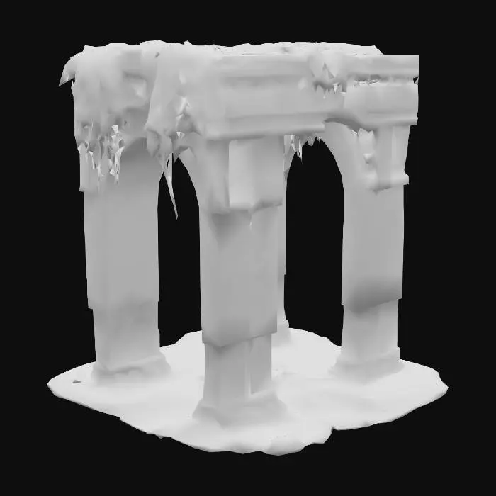 3D model for #arch#, Design a highly detailed Stone Ancient seaweed covered mystical gateway arch combining Aztec, Sumerian and Cthuhlean Designs, odd violet cuniform like glowing runes adorn its curved archway, Game Asset, Horror