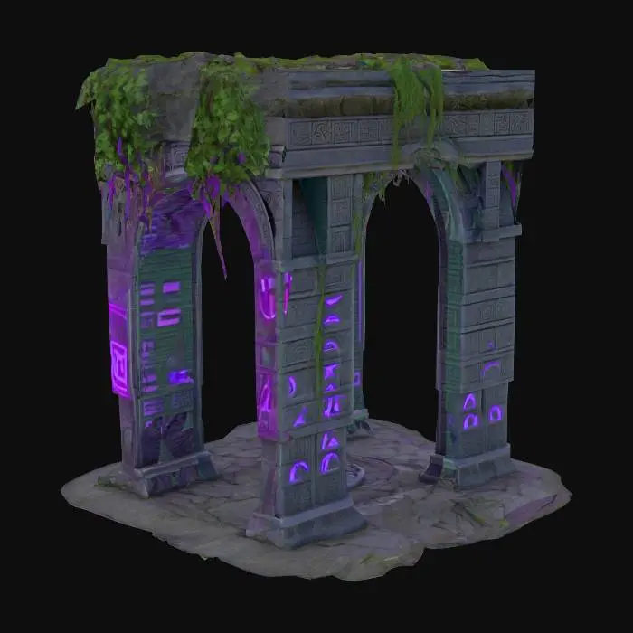 3D model for #arch#, Design a highly detailed Stone Ancient seaweed covered mystical gateway arch combining Aztec, Sumerian and Cthuhlean Designs, odd violet cuniform like glowing runes adorn its curved archway, Game Asset, Horror