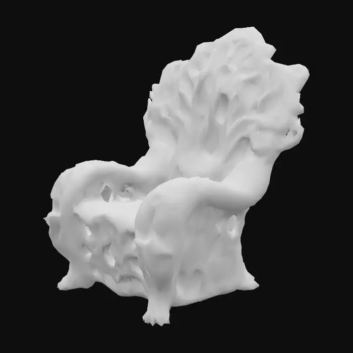 3D model for Design a chair with organic and plant like elements. Include glowing green, brown, and tan energy veins, pulsating lights. Add intricate carvings and textures that blend flesh and metal seamlessly all in the shapes of cob webs covering it