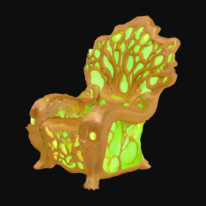 3D model for Design a chair with organic and plant like elements. Include glowing green, brown, and tan energy veins, pulsating lights. Add intricate carvings and textures that blend flesh and metal seamlessly all in the shapes of cob webs covering it