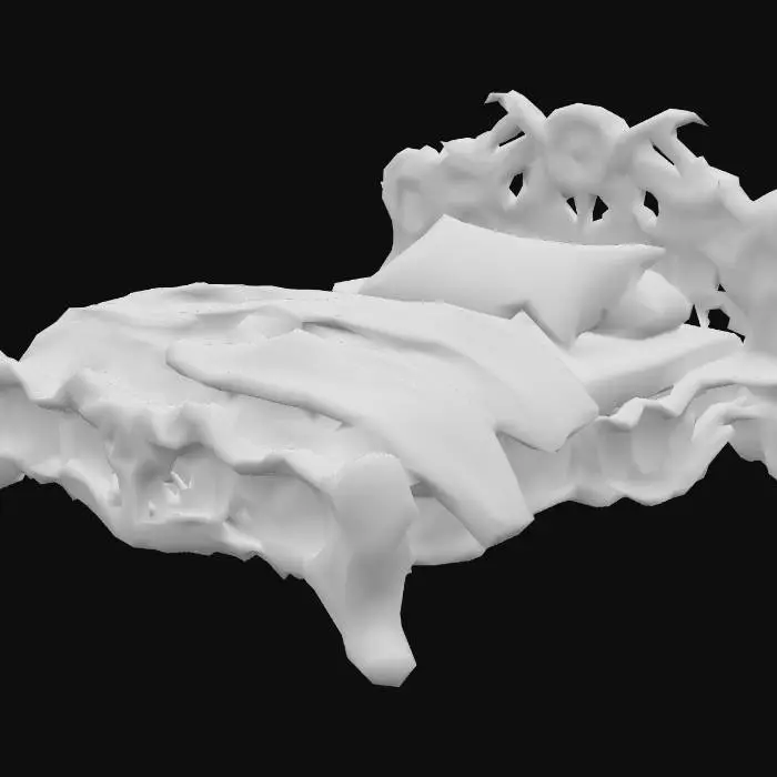 3D model for Design a bed with organic and plant like elements. Include glowing green, brown, and tan energy veins, pulsating lights. Add intricate carvings and textures that blend flesh and metal seamlessly all in the shapes of cob webs covering it