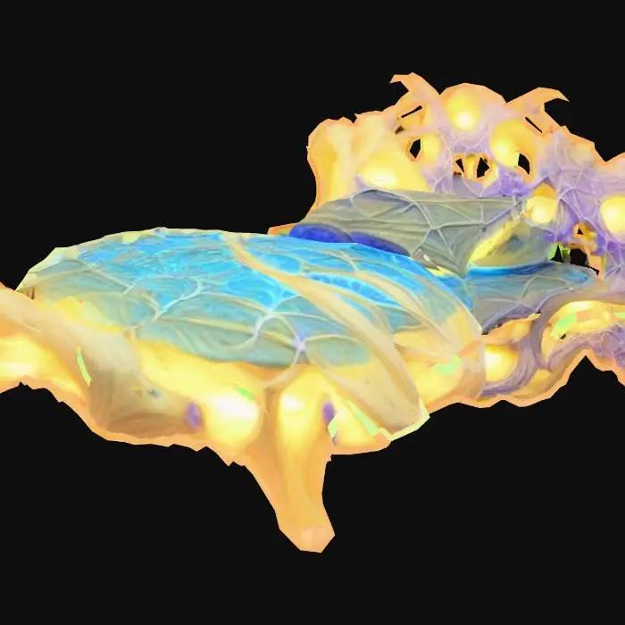 3D model for Design a bed with organic and plant like elements. Include glowing green, brown, and tan energy veins, pulsating lights. Add intricate carvings and textures that blend flesh and metal seamlessly all in the shapes of cob webs covering it