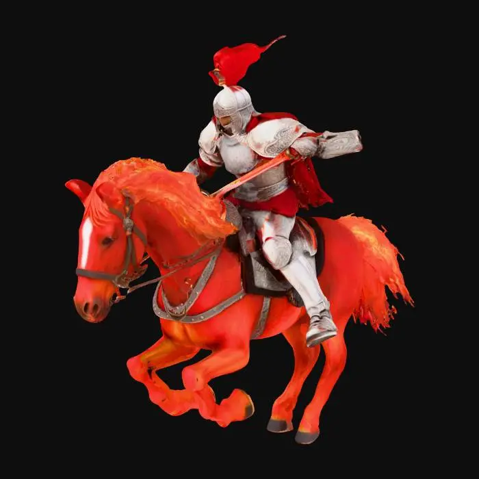 3D model for The second horseman rides a fiery red horse and is given a great sword. 

    The red color symbolizes blood and violence.