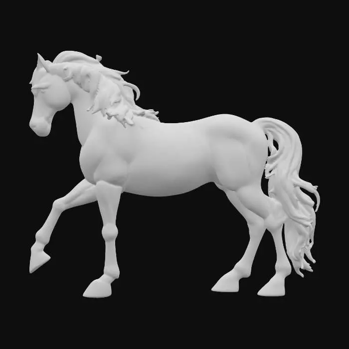3D model for A horse with runes etched in Mana glowing on the skin. Hooves of the horse are violet.