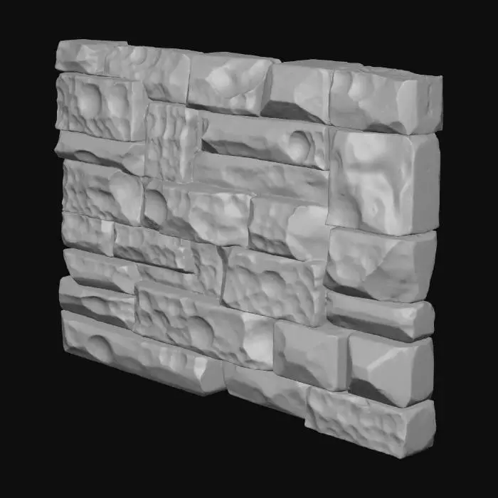 3D model for A story-height sandstone wall, measuring 2x3.5x0.35 meters, presents a substantial, rectangular form. Its surface is a warm, earthy ochre, exhibiting numerous chipped edges that lend it a rugged, aged appearance. Subtle, shallow relief patterns are integrated across its face, providing a gentle visual texture without being overly prominent. The overall material feels coarse and granular to the touch, characteristic of natural sandstone, with the chipped areas offering a slightly sharper, more uneven tactile quality.